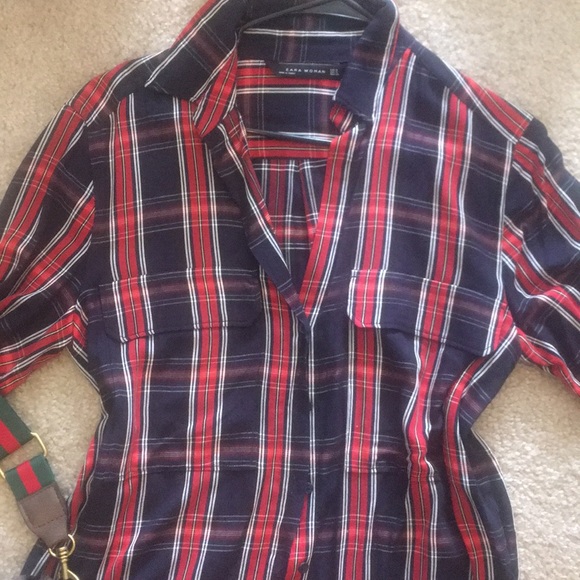 ZARA blouse shirt size s nice silky material plaid - Picture 10 of 14